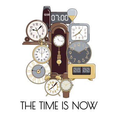 Çizgi film saatleri ve çalar saat simgeleri. Tebrik kartı, el ilanı, broşür ve terfi için tasarım. El çizimi vektör illüstrasyonu.