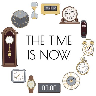 Çizgi film saatleri ve çalar saat simgeleri. Tebrik kartı, el ilanı, broşür ve terfi için tasarım. El çizimi vektör illüstrasyonu.