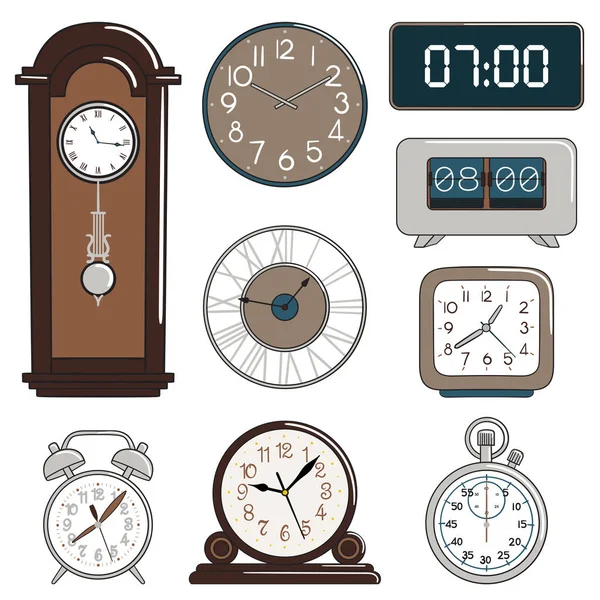 Conjunto Relojes Dibujos Animados Iconos Despertador Diseño Para Tarjeta Felicitación — Vector de stock