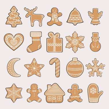 Zencefilli kurabiye seti. Kış tatili için Noel unsurları. Zencefilli adam ve kadın, Noel ağacı, hediye, yıldızlar, çan, top, ev, kalp. El çizimi vektör illüstrasyonu.