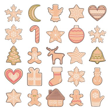 Zencefilli kurabiye seti. Kış tatili için Noel unsurları. Zencefilli adam ve kadın, Noel ağacı, hediye, yıldızlar, çan, top, ev, kalp. El çizimi vektör illüstrasyonu.