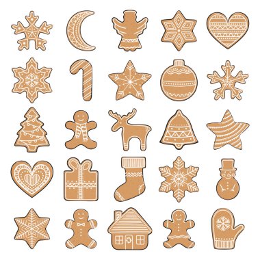 Zencefilli kurabiye seti. Kış tatili için Noel unsurları. Zencefilli adam ve kadın, Noel ağacı, hediye, yıldızlar, çan, top, ev, kalp. El çizimi vektör illüstrasyonu.