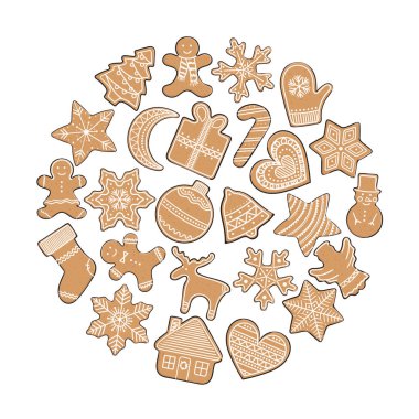 Çemberdeki zencefilli kurabiyelerin bileşimi. Kış tatili için Noel unsurları. Zencefilli adam ve kadın, Noel ağacı, hediye, yıldızlar, çan, ev, kalp. El çizimi vektör illüstrasyonu.