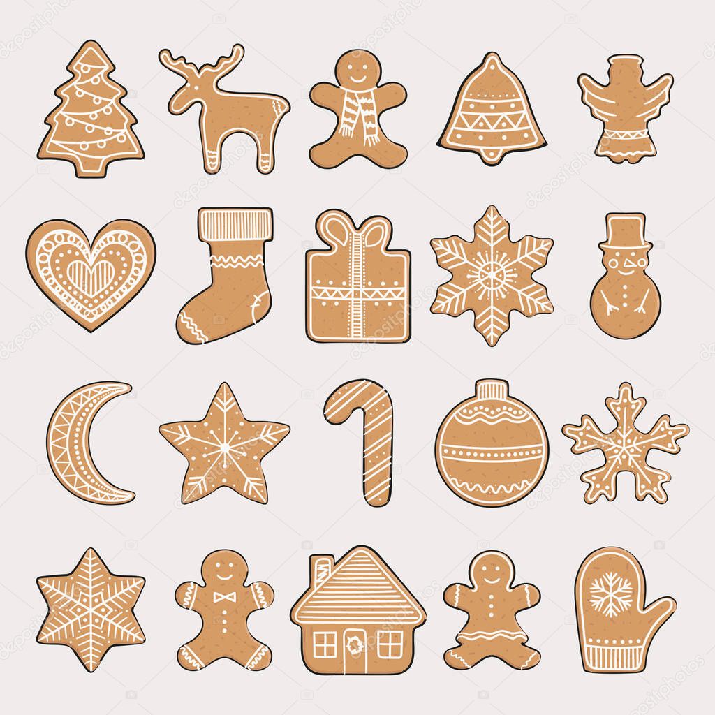 Set of gingerbread cookies. Christmas elements for winter holidays. Gingerbread man and woman, Christmas tree, present, stars, bell, ball, house, heart. Hand-drawn vector illustration.
