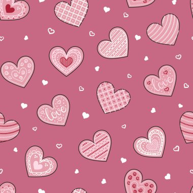 Kalpli kusursuz desen. Sevgililer Günün kutlu olsun. Paket kağıdı, arkaplan ve tekstil için farklı kalp türleri. 