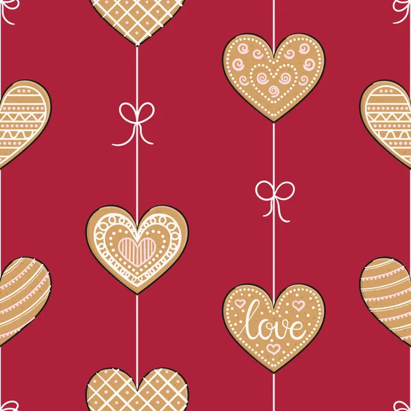 ジンジャーブレッドハートクッキーとシームレスなパターン ハッピーバレンタインデー 織物を包むための釉薬とジンジャーブレッドの心の異なるタイプ 手描きベクトルイラスト — ストックベクタ