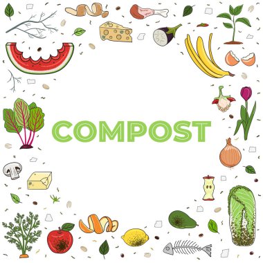 Organik atıklarla çerçevelenmiş. Yemek ziyan olmaz. Organik atıkların geri dönüşümü, gübre. Sürdürülebilir yaşam, sıfır atık konsepti. El çizimi vektör illüstrasyonu. 