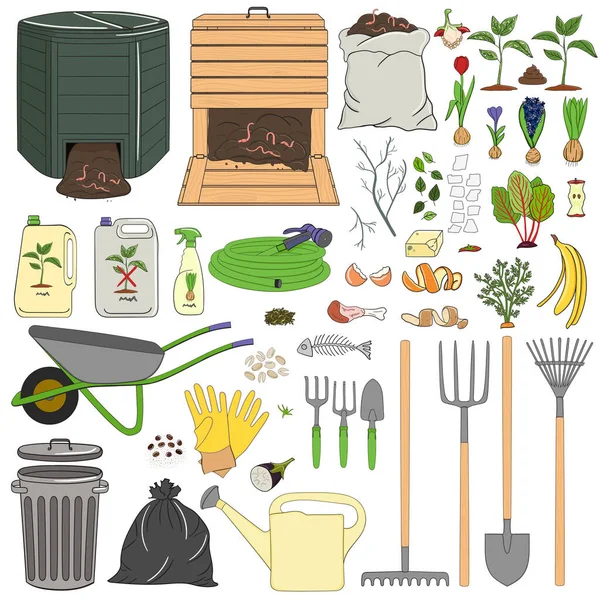 Sada Zahradnického Vybavení Nářadí Organického Odpadu Dřevěných Plastových Kompostérů Zemědělství — Stockový vektor