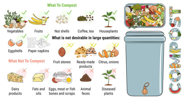 Инфографика компостирования корзины с кухонными объедками. Что компостировать, а что нет. Никакой еды впустую. Переработка органических отходов, компоста. Устойчивый образ жизни, нулевые отходы. Векторная иллюстрация. 