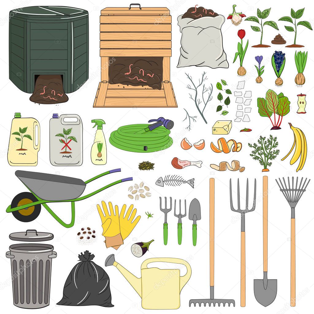 Set of gardening equipment and tools, organic waste, wood and plastic composters. Farming and agriculture
