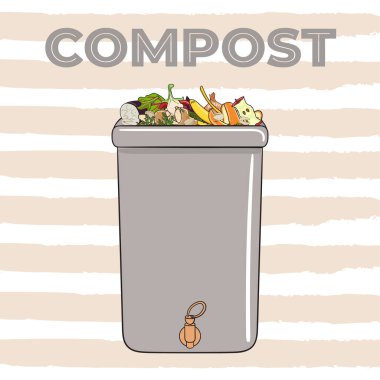 Mutfak artıkları, meyve ve sebzelerle dolu gübre kutusu. Yemek ziyan olmaz. Organik atıkların geri dönüşümü, gübre. Sürdürülebilir yaşam, çevre dostu sıfır atık konsepti. El çizimi vektör illüstrasyonu.