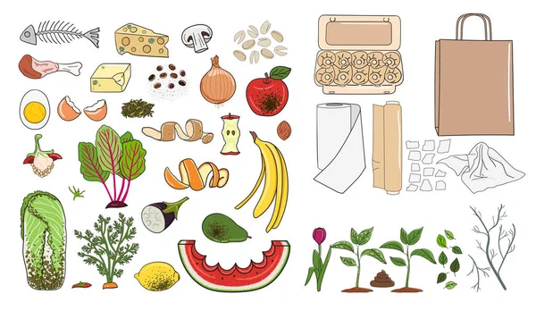 Organik atık seti - meyve, yumurta kabuğu, sebze, yemek artıkları, kağıt, bahçe yeşillikleri. Organik atıkların geri dönüşümü. Gübre konsepti. Çiftçilik ve tarım. El çizimi vektör illüstrasyonu.