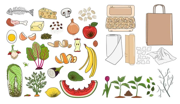有機性廃棄物のセット 食品残り物 庭の緑 有機廃棄物のリサイクル コンポスト コンセプト 農業と農業 手描きベクトルイラスト — ストックベクタ