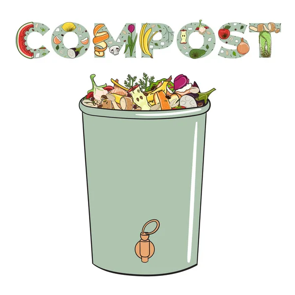 Composting Bin Kitchen Scraps Fruits Vegetables Food Wasted Recycling Organic — Stock Vector