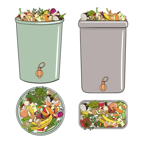 Conjunto Papeleras Compostaje Con Restos Cocina Frutas Verduras Hay Comida — Vector de stock