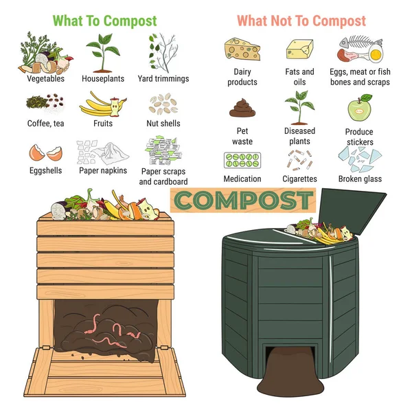 Infographic of garden composting bin with scraps. What to or not to compost. No food wasted. Recycling organic waste, compost. Sustainable living, zero waste concept. Hand drawn vector illustration. — Stock Illustration Infographic Garden Composting Bin Scraps What Compost Food Wasted Recycling Stock Vector