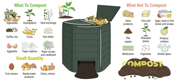 Infographic of garden composting bin with scraps. What to or not to compost. No food wasted. Recycling organic waste, compost. Sustainable living, zero waste concept. Hand drawn vector illustration. — Stock Illustration Infographic Garden Composting Bin Scraps What Compost Food Wasted Recycling Royalty Free Stock Illustrations