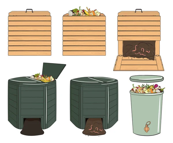 Set of garden wood and plastic composting bins. Garden fertilizer organic with worms. Recycling organic waste. Sustainable living concept. Hand drawn vector illustration. — Stock Illustration Set Garden Wood Plastic Composting Bins Garden Fertilizer Organic Worms Stock Vector