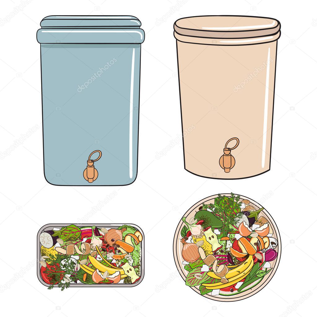 Set of composting bins with kitchen scraps, fruits and vegetables. No food wasted. Recycling organic waste, compost. Sustainable living, zero waste concept. Hand drawn vector illustration. 