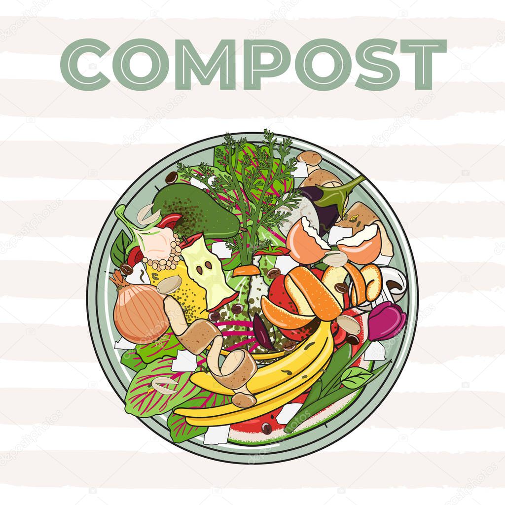 Composting bin with kitchen scraps, top view. No food wasted. Recycling organic waste, compost. Sustainable living, eco-friendly zero waste concept. Hand drawn vector illustration. 