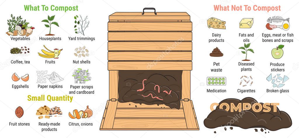 Infographic of garden composting bin with scraps. What to or not to compost. No food wasted. Recycling organic waste, compost. Sustainable living, zero waste concept. Hand drawn vector illustration. 