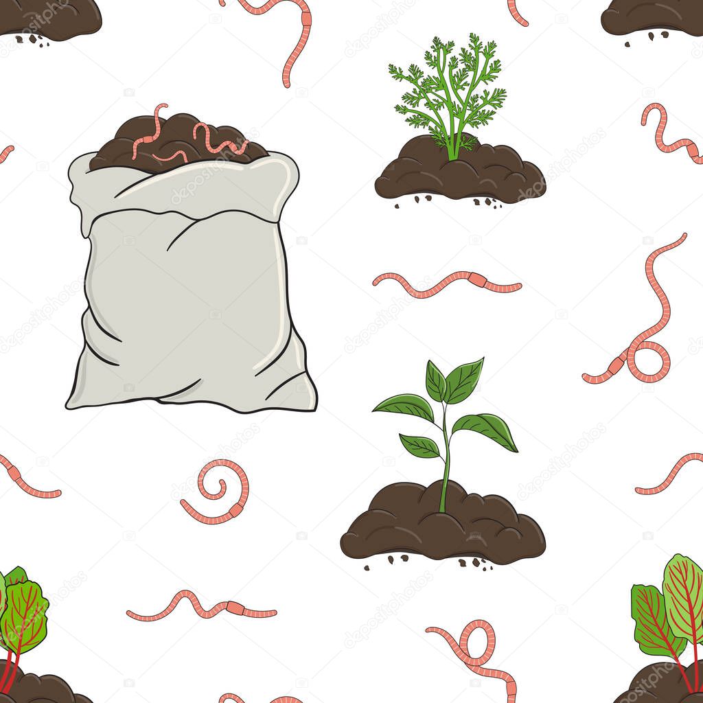 Seamless pattern with worms, compost pile and sack. Carrot and beet sprout in soil. Garden composting concept. Worms for vermicomposting. Farming and agriculture. Hand drawn vector illustration.