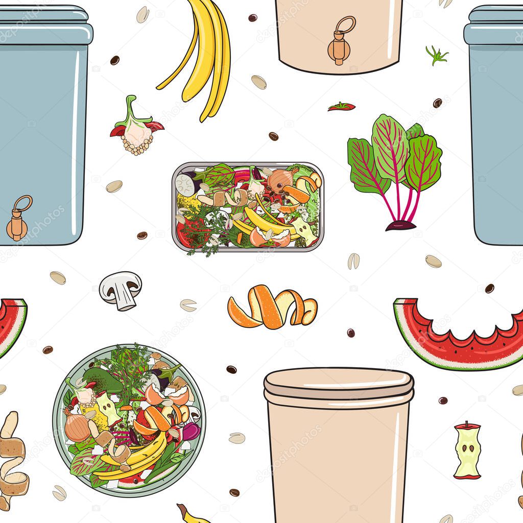 Seamless pattern with home composters, kitchen scraps. Recycling organic waste. Farming and agriculture. Home composting and zero waste concept. Hand drawn vector illustration.