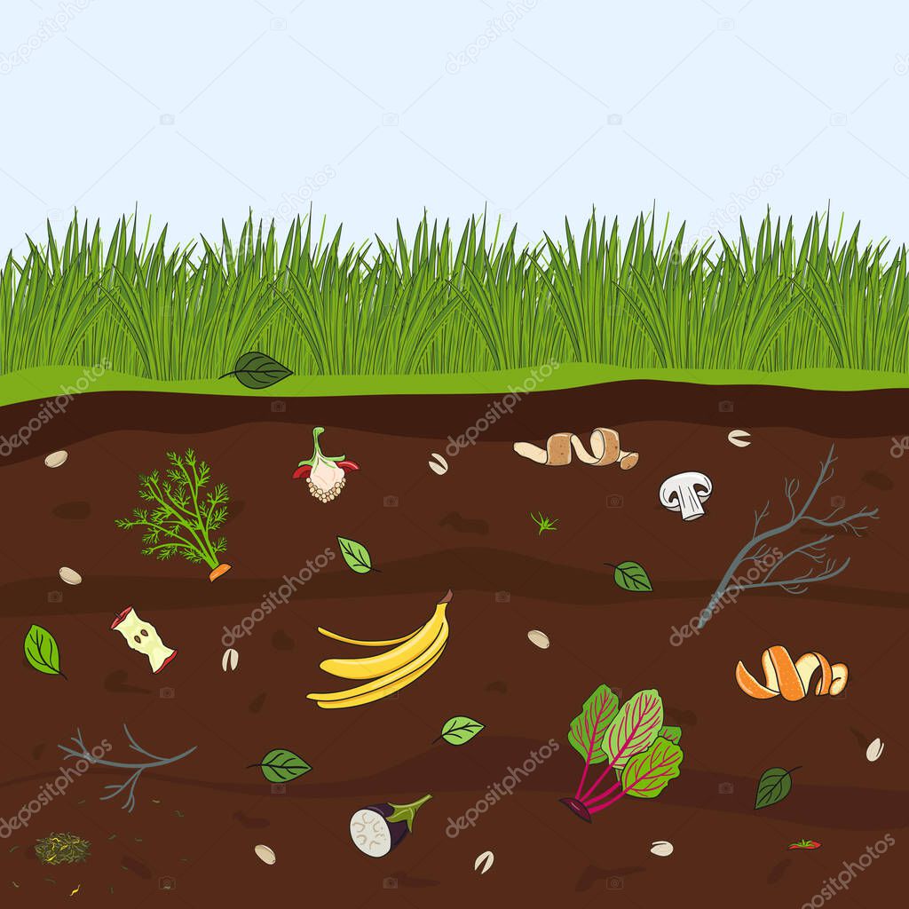 Ground cutaway with food scraps. Recycling organic waste. Farming and agriculture. Hand drawn vector illustration.