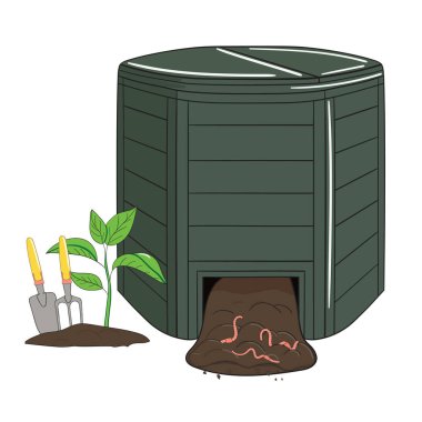 Bahçe plastik gübre kutusu. Solucanlı organik bahçe gübresi. Organik atıkların geri dönüşümü. Sürdürülebilir yaşam konsepti. El çizimi vektör illüstrasyonu. 