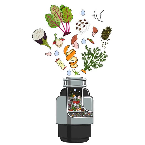 台所の流しのための食品廃棄物処理機は 台所のくずがそれに落ちる 家庭ごみ処理 有機廃棄物のリサイクル 持続可能な生活 廃棄物ゼロの概念 手描きベクトルイラスト — ストックベクタ