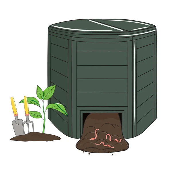 Garden plastic composting bin. Garden fertilizer organic with worms. Recycling organic waste. Sustainable living concept. Hand drawn vector illustration. — Stock Illustration Garden Plastic Composting Bin Garden Fertilizer Organic Worms Recycling Organic Royalty Free Stock Vectors