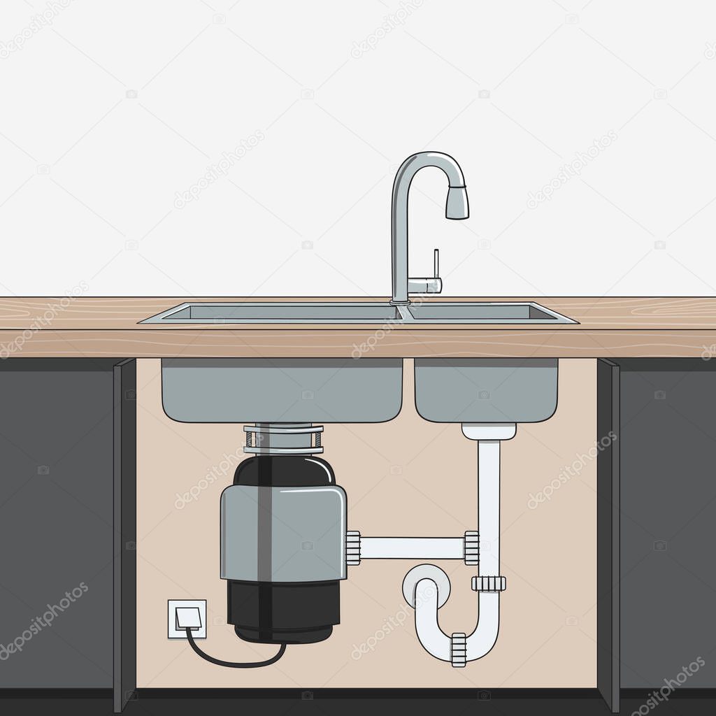 Food waste disposer installed under kitchen sink. Home garbage disposal. Kitchen interior. Recycling organic waste. Sustainable living, zero waste concept. Hand drawn vector illustration.