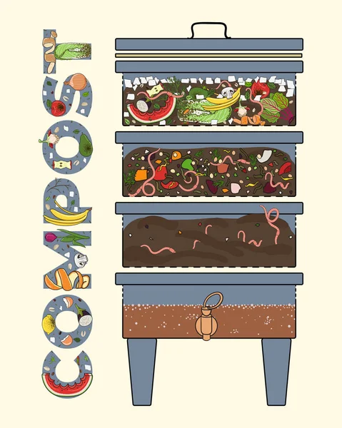 Vermicomposter ve gübre solucanları. Vermicomposter şematik tasarım, solucan gübreleme. Organik atıkların geri dönüşümü. Sürdürülebilir yaşam, sıfır atık konsepti. El çizimi vektör illüstrasyonu. 