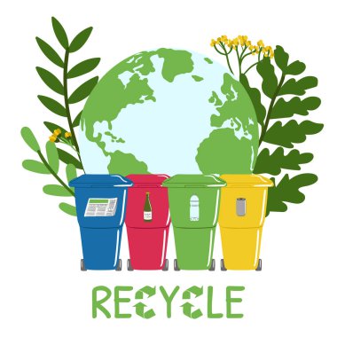 Çöp bidonları, gezegen ikonu ve yeşil yapraklı ekolojik baskılar. Atık ayıklama, geri dönüşüm konsepti. Çöp kirliliğinin önlenmesi. Çevre dostu yaşam tarzı. El çizimi vektör illüstrasyonu.