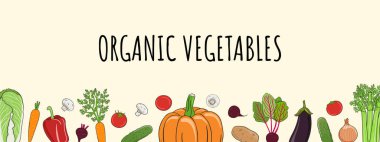 Sebzeler geniş çerçeveli. Organik pazar afişi ve sağlıklı gıda şablonu. Taze tarım ürünleri kavramı. Uzayı kopyala El çizimi vektör illüstrasyonu.