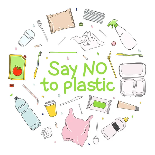 Mondj Nemet Műanyag Kör Poszterre Műanyagszennyezés Megelőzésének Fogalma Környezetbarát Fenntartható — Stock Vector