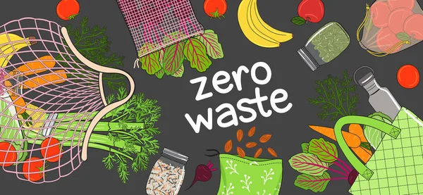 Zero Odpadów Szeroki Baner Torbami Siatki Słoiki Warzywa Owoce Koncepcja — Wektor stockowy