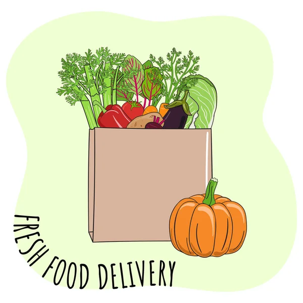 Fresh Food Delivery Concept Vegetables Fruits Paper Bag Organic Market — Stock Vector