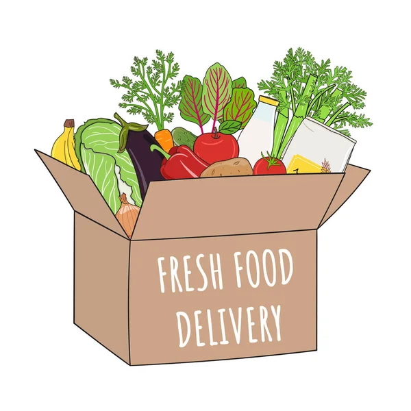 新鲜食品递送的概念 纸盒中的蔬菜和水果 有机市场和健康食品印刷 手绘矢量图解 — 图库矢量图片