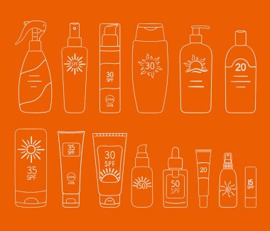 Bir set SPF şişesi, tüpler. Güneş kremi ve güneş kremi. Güneş kremi, losyon izole koleksiyonu. UVA ve UVB ışınlarına karşı koruma. El çizimi vektör çizimi. 