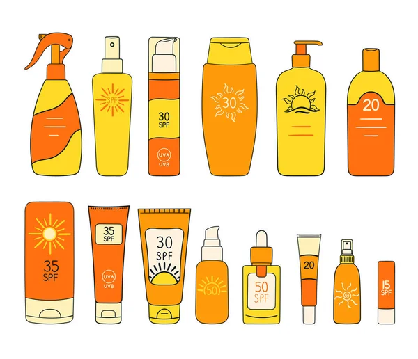 Set Spf Bottles Tubes Sunscreen Protection Sun Safety Sunscreen Cream — Stock Vector