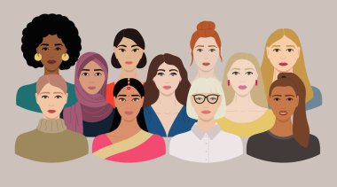 Farklı etnik kökenleri, ten renkleri, saç şekilleri olan farklı kadın yüzleri. Kadınlar kadınların güçlenmesi için bir arada kalırlar ve kız posterine başlarlar. El çizimi vektör illüstrasyonu.