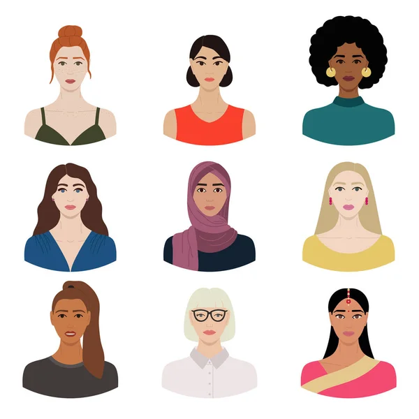 Ensemble Visages Féminins Divers Avec Différentes Ethnies Couleurs Peau Coiffures — Image vectorielle