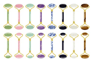 Büyük gua sha silindirleri kuvarstan, maceraperestten, yeşim taşı, ametist ve sodalitten yapılır. Yüz masajı aletleri. Çinli cilt bakımı. Ev güzelliği rutini. El çizimi vektör illüstrasyonu. 