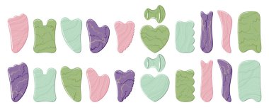 Büyük Gua sha taşları kuvars, aventurine, yeşim taşı ve ametistten yapılmıştır. Yüz temizleme aletleri var. Ev güzelliği rutini. Çinli cilt bakımı. El çizimi vektör illüstrasyonu. 