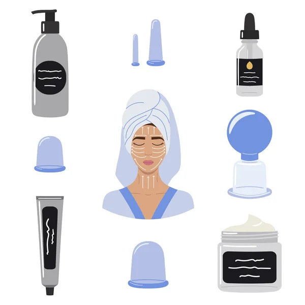 Große Auswahl Bio Hautpflegeprodukten Gesichtsöl Und Vakuum Massagetassen Weibliches Gesicht — Stockvektor