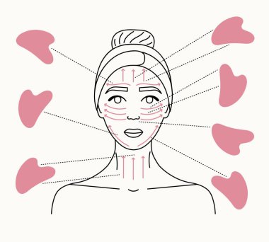 Yüz masajı yön şeması. Gua sha masajı nasıl yapılır. Gua sha kazıyıcılı kadın portresi. El çizimi vektör çizgisi çizimi. 