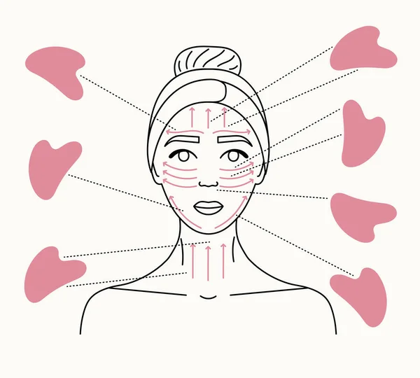 Yüz masajı yön şeması. Gua sha masajı nasıl yapılır. Gua sha kazıyıcılı kadın portresi. El çizimi vektör çizgisi çizimi. 