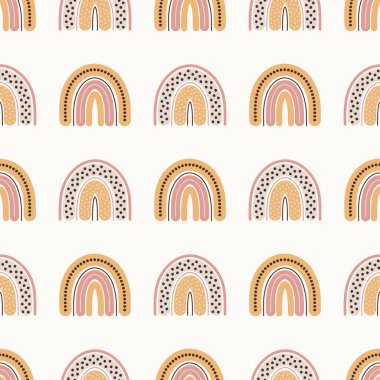 Terracotta renklerinde boho gökkuşağı desenleri. Dekorasyon için nötr çocuk odası tasarımı, kumaş ve duvar sanatı için bohem baskı. El çizimi vektör illüstrasyonu.