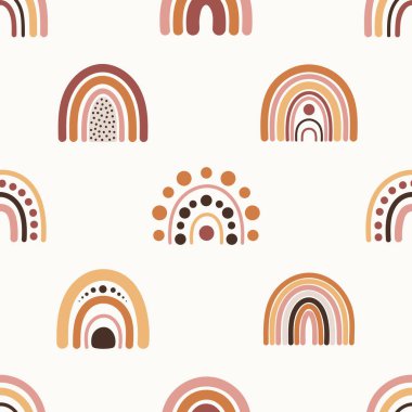 Terracotta renklerinde boho gökkuşağı desenleri. Dekorasyon için nötr çocuk odası tasarımı, kumaş ve duvar sanatı için bohem baskı. El çizimi vektör illüstrasyonu.
